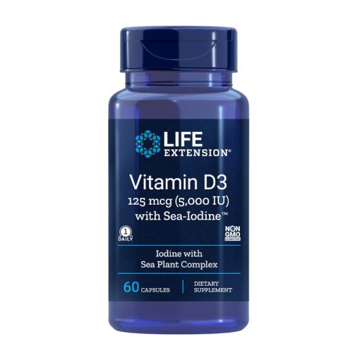 Life Extension Vitamin D3 z morskim jodom, 125 mcg, 5000 I.E., 60 kapsul