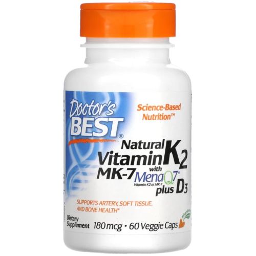 Doctor's Best vitamin K2 MK7 z MenaQ7 + Vitamin D3, 180 mcg, 60 kapsul