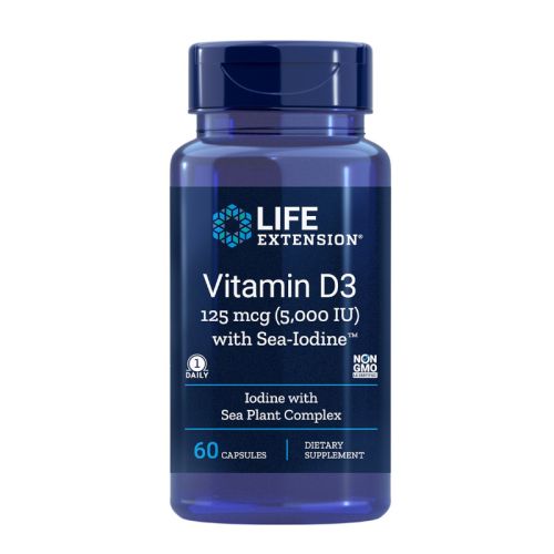 Life Extension Vitamin D3 z morskim jodom, 125 mcg, 5000 I.E., 60 kapsul